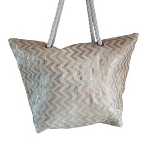 Large tote bag Metallic Gold Chevron Rope Handles Work Vacation Tote Bag